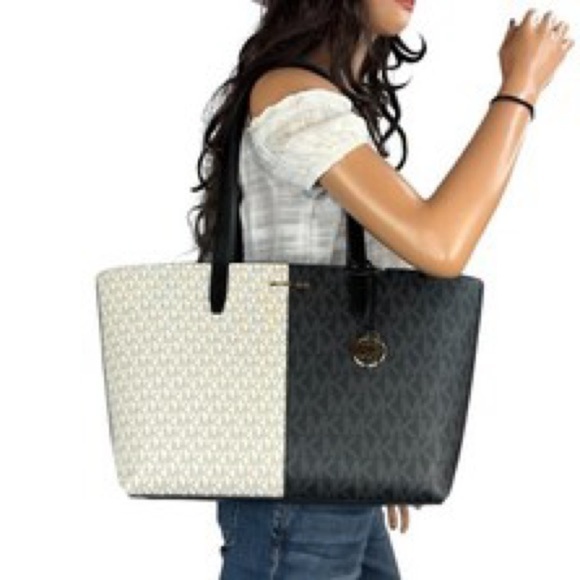 NWT MICHAEL Michael Kors Jet Set Travel Medium Two Tone Logo Tote Bag Black - Picture 15 of 15